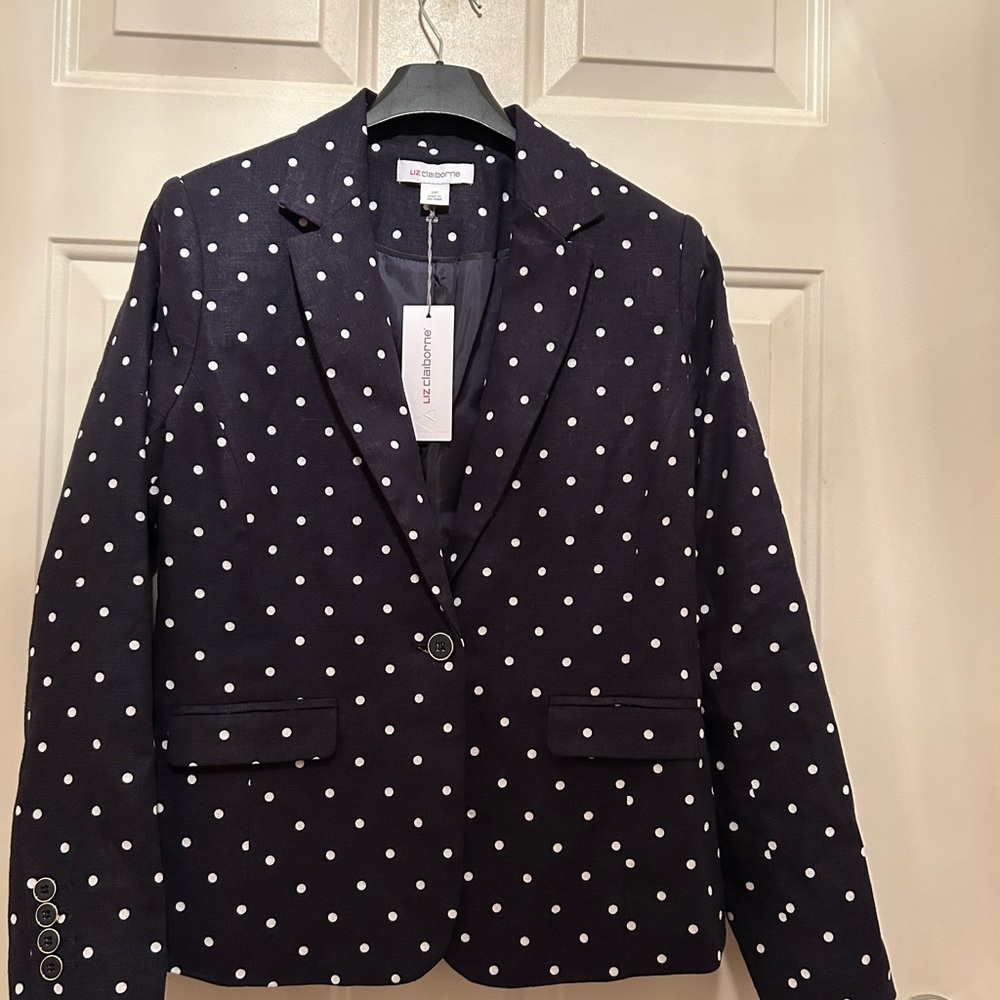 NWTs Liz Claiborne Size 2 Petite Navy Polka Dot Blazer